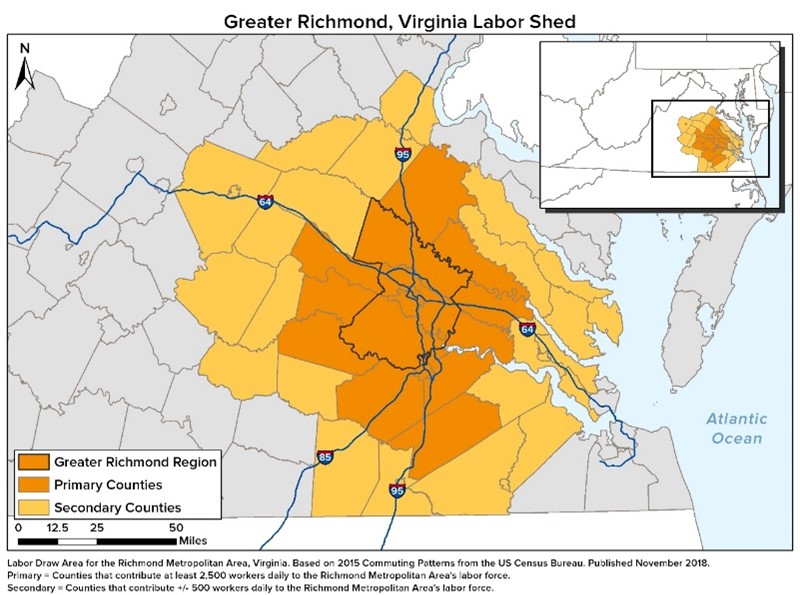 Map of commuting patterns in and around Greater Richmond