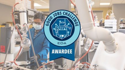 A scientist working in a laboratory with various equipment, representing the Richmond-Petersburg pharma effort that secured $4 million in federal funding under the Good Jobs Challenge initiative.