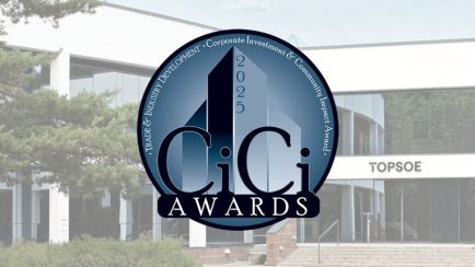 2025 CiCi Awards logo displayed in front of the Topsoe building, recognizing corporate investment and community impact.