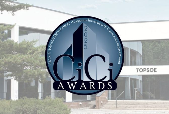 2025 CiCi Awards logo displayed in front of the Topsoe building, recognizing corporate investment and community impact.