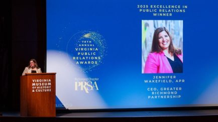 Jennifer Wakefield receives the 2025 Excellence in Public Relations Award at the 78th Annual Virginia Public Relations Awards hosted by PRSA Richmond.
