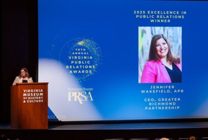 Jennifer Wakefield receives the 2025 Excellence in Public Relations Award at the 78th Annual Virginia Public Relations Awards hosted by PRSA Richmond.