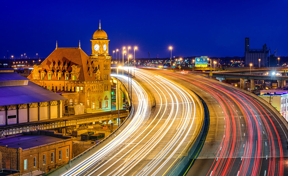 Cars passing the Main Street Station