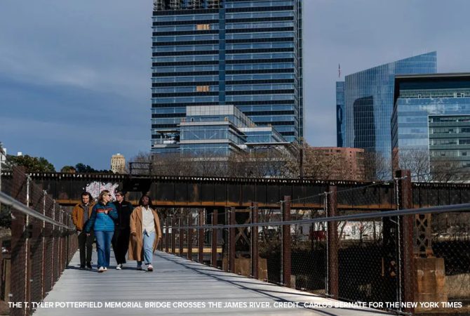 The T. Tyler Potterfield Memorial Bridge crosses the James River. Credit...Carlos Bernate for The New York Times