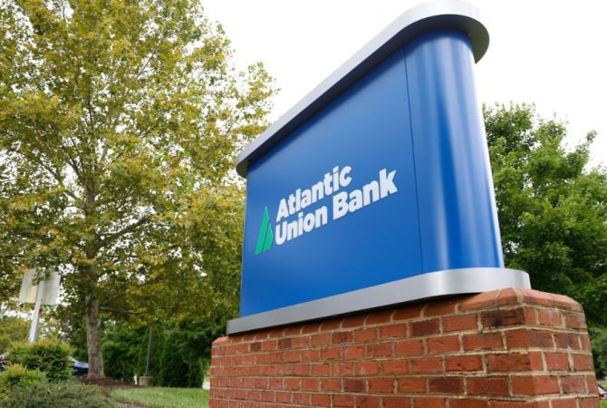Atlantic Union Bank logo sign surrounding a suburban neighborhood.