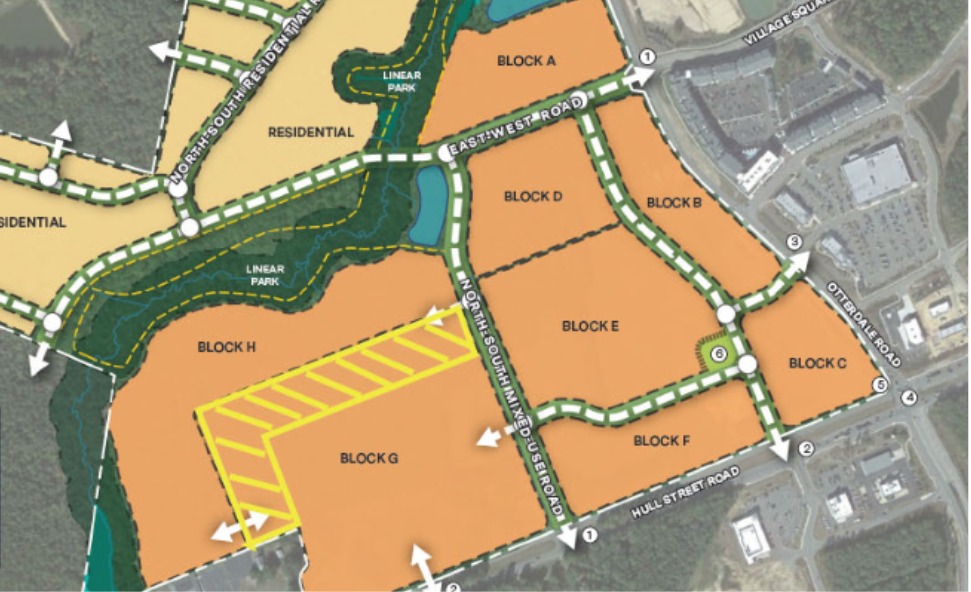 A conceptual plan for the Nunnally Village project, with residential areas shown in yellow and multi-use in orange.